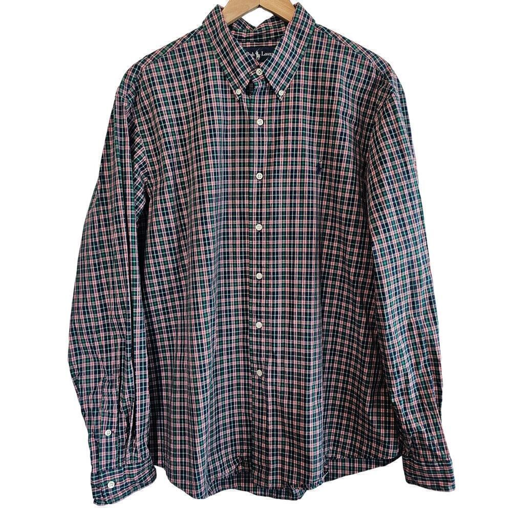 Ralph Lauren Custom Fit Button Down Shirt Mens XXL Red Green Plaid Long Sleeve